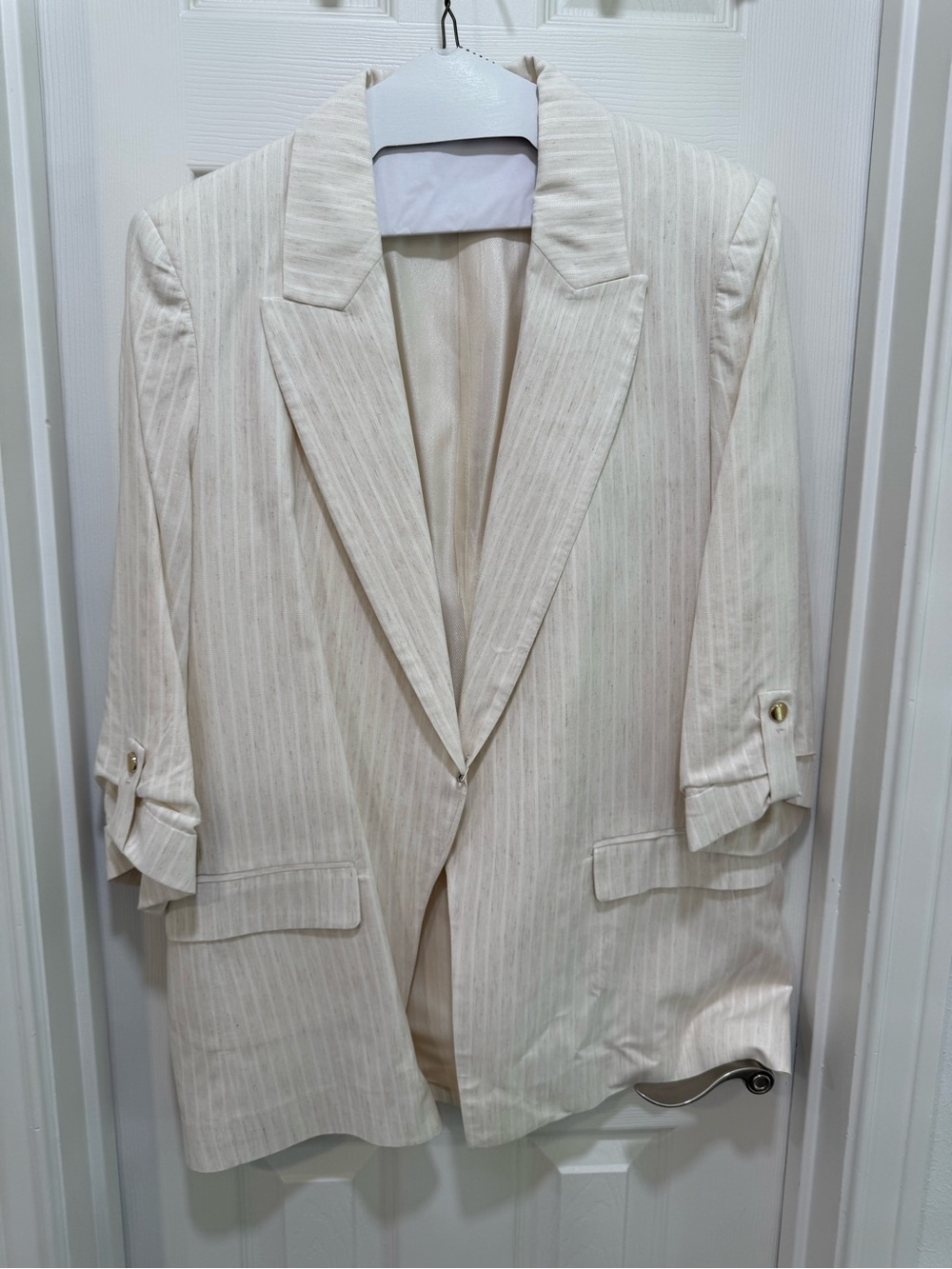 Zara Women’s GLEN Cream Pinstripe Linen Look Blazer Business Jacket NWOT